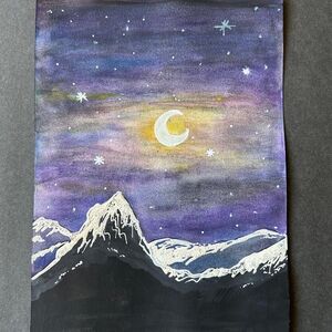 Purple Night Sky Painting with Mountains